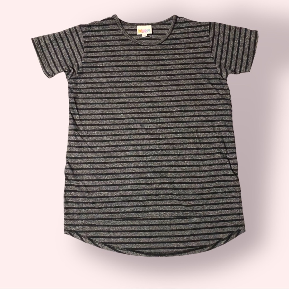 LuLaRoe Black Gray Striped Cotton T-shirt Sz 10 High Low Soft Short Sleeves